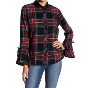 BeachLunchLounge Natalia Bell Sleeve Tartan Plaid Button Up Shirt 100% Cotton M